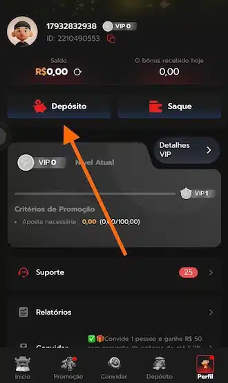 Clique no botão "Depositar".