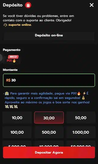 É só colocar o valor do depósito, que varia de R$ 10 a R$ 50.000.