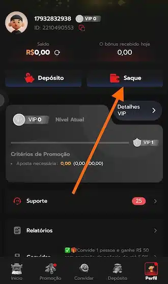Faça login na sua conta e clique em "Saque".
