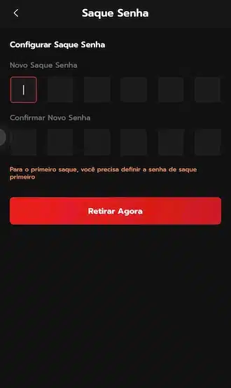 Vai abrir a tela para você criar sua senha de saque.